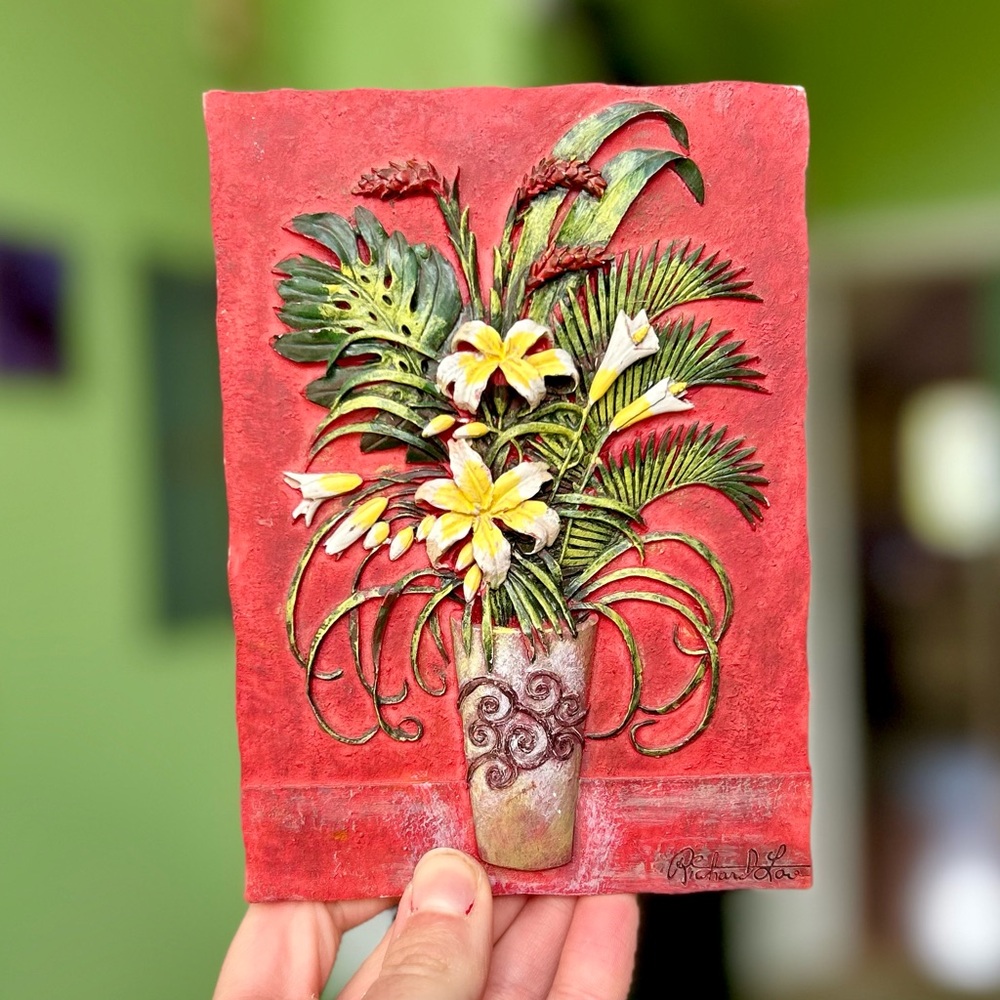 Floral VTG Red 3D Rustic Dainty Flower Plaque Wall Art Accent - Picture 4 of 6